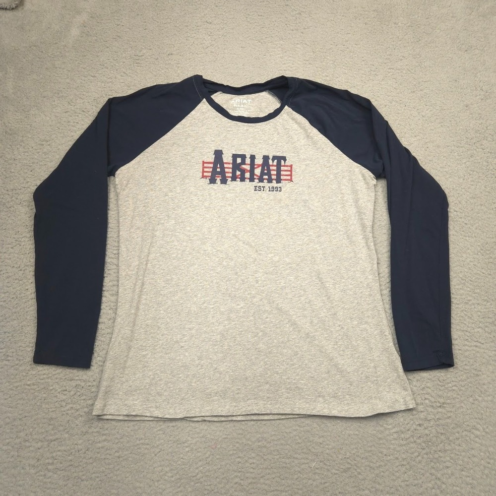 Ariat REAL Womens XL Graphic Long Sleeve Raglan Shirt Gray Navy Western Tee